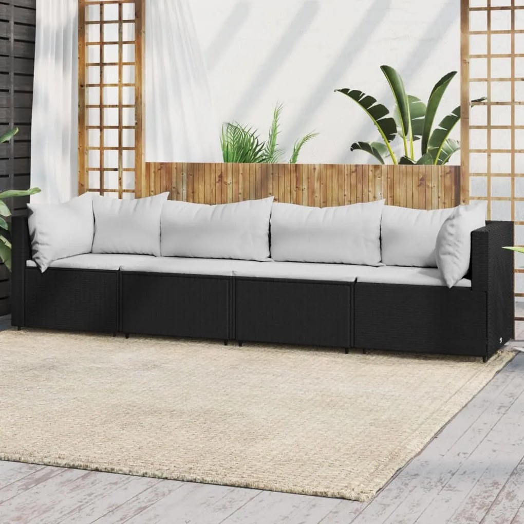 319736 vidaXL 4 pcs conjunto lounge de jardim c/ almofadões vime PE preto