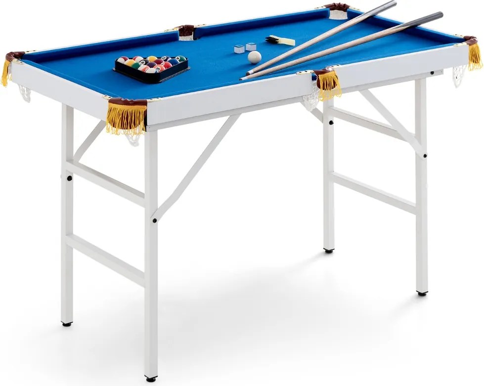 Mesa de Bilhar Portátil com Pernas Dobráveis e 16 Bolas, 2 Tacos, 2 Giz, Escova e Triângulo para Crianças e Adultos, 122 x 64 x 78 cm, Azul