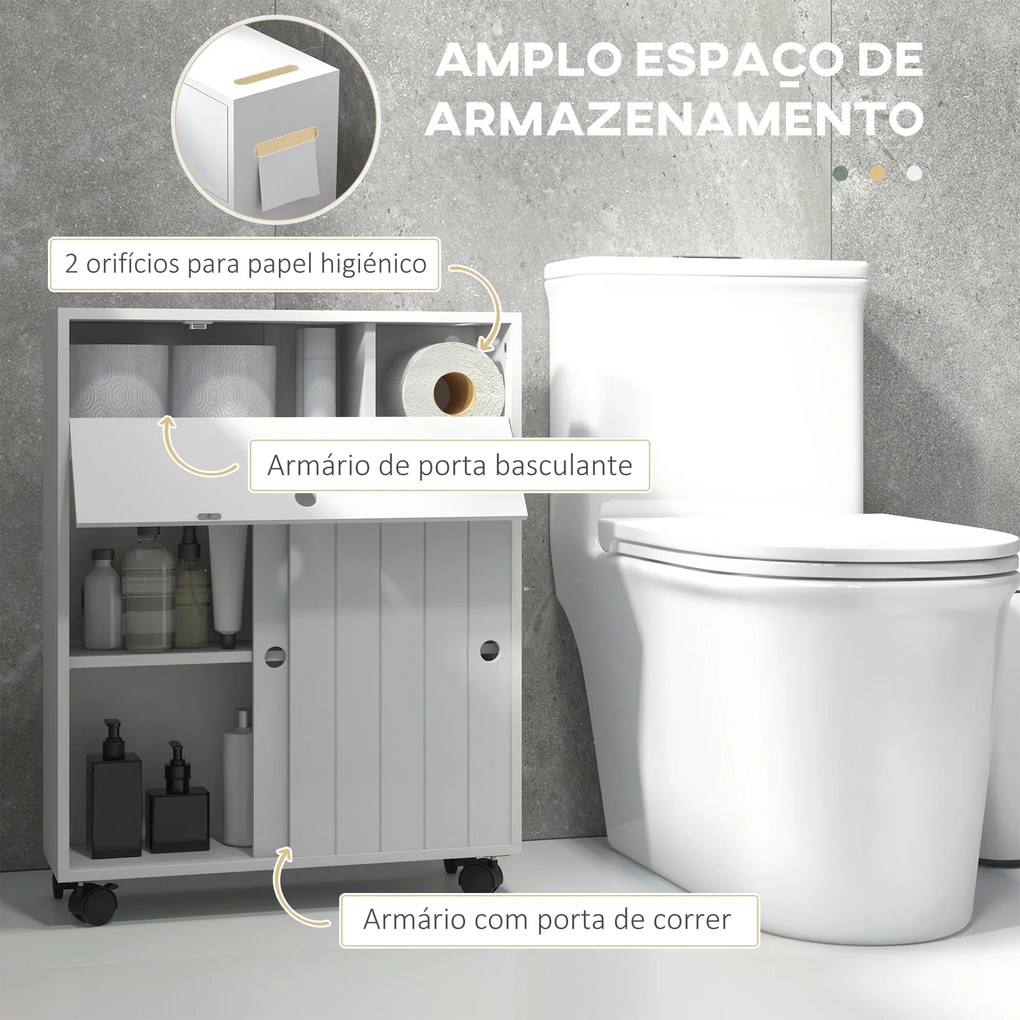 Armário Auxiliar Casa de Banho com 4 Rodas 2 Compartimentos para Papel Higiénico Prateleiras Ajustáveis 52x17x67 cm Branco