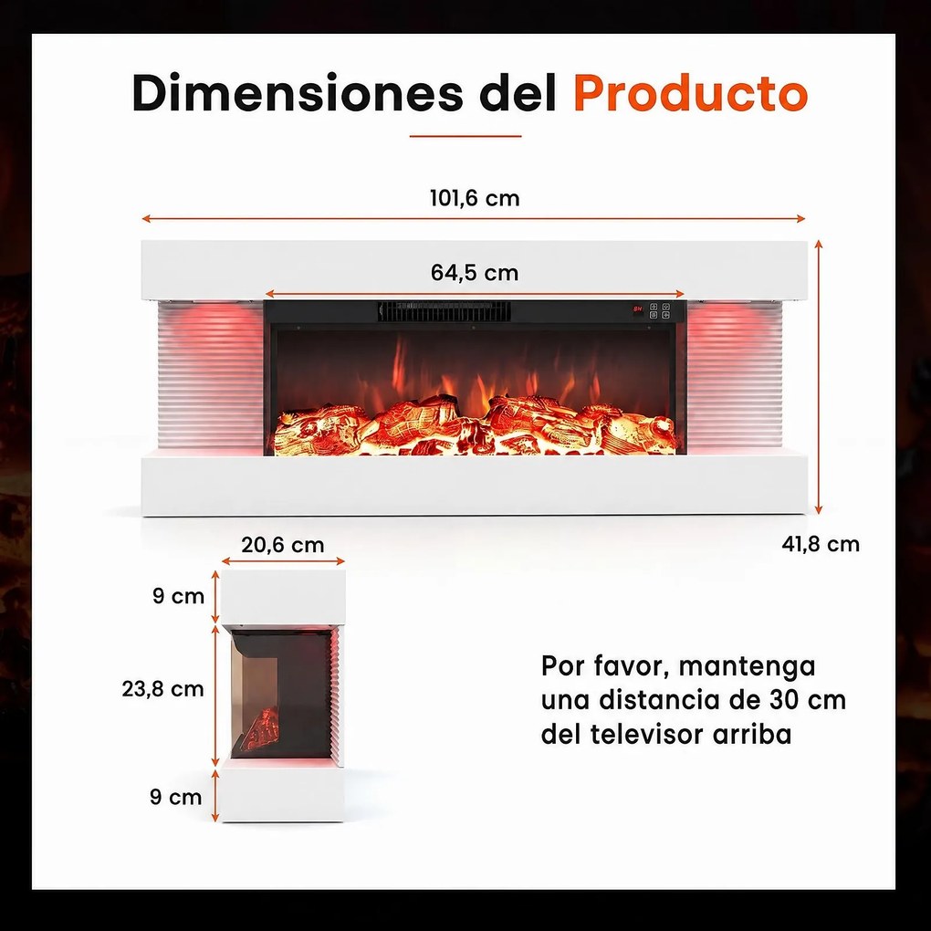 Lareira Elétrica de Parede com Vista Tripla, 101,6 x 20,6 x 41,8 cm, Controlo por Wi-Fi, Branco