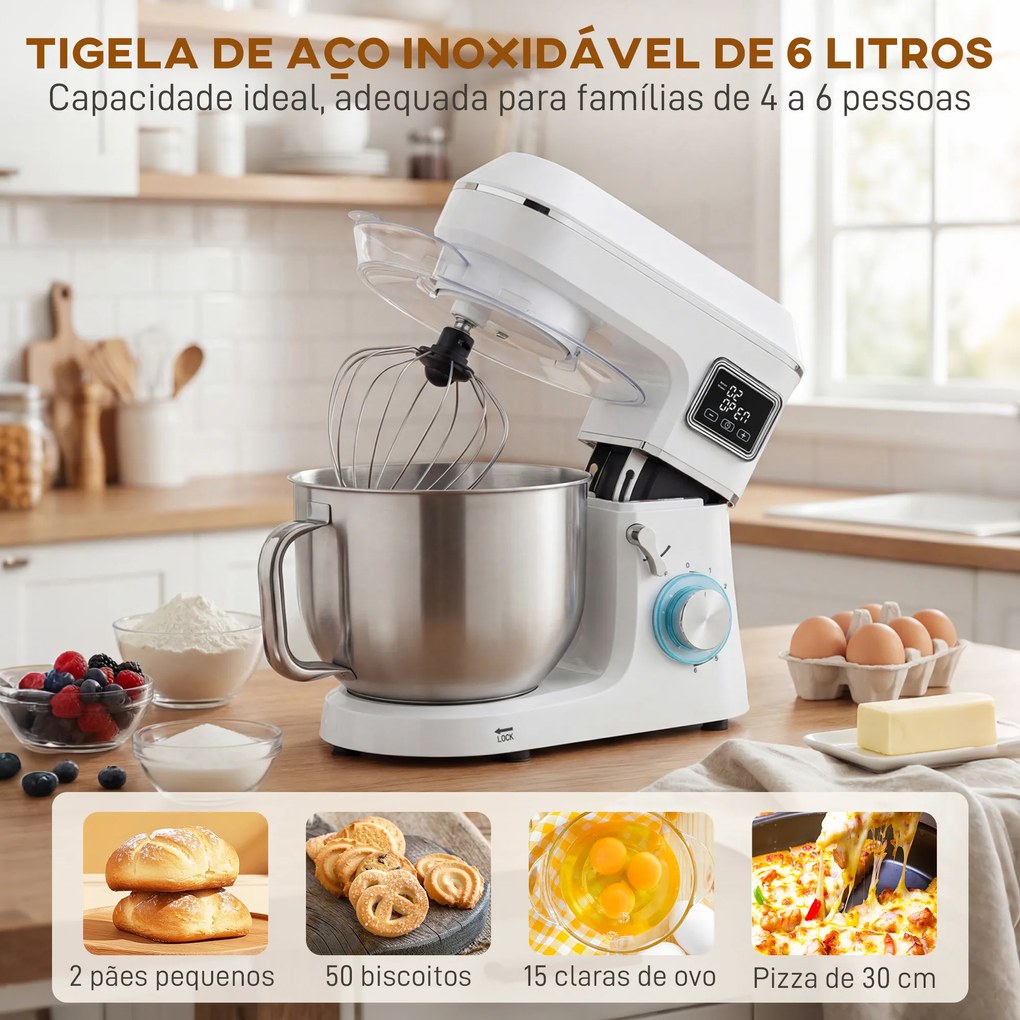 Batedeira Planetária 6L 1400W com Cabeçal Inclinável, 6 Velocidades, Função de Fermentação, Ecrã LED, Branco