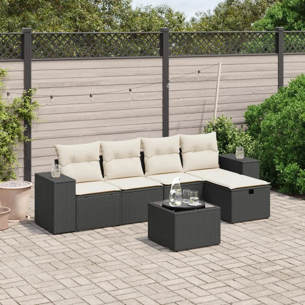 6 pcs conjunto sofás de jardim c/ almofadões vime PE preto