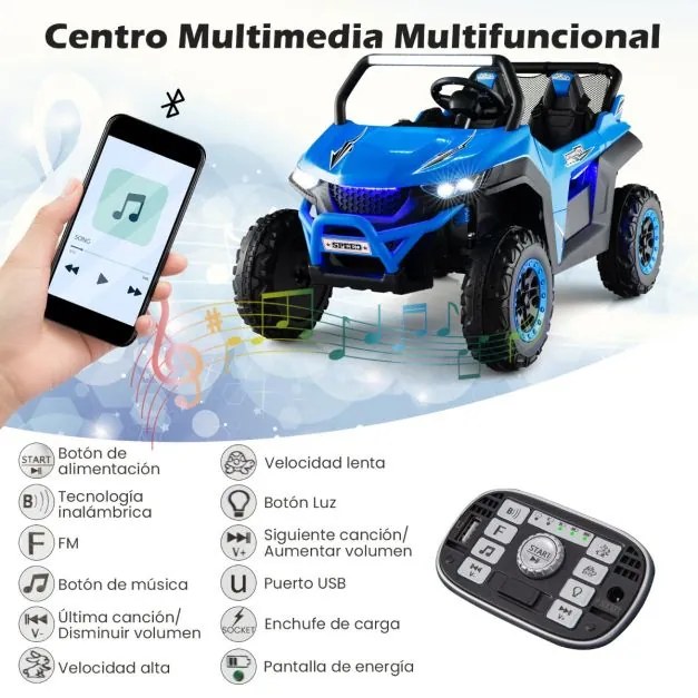 Carro elétrico crianças a bateria 12 V 2 Lugares com comando à distância 2,4G Alta/Baixa velocidade Música 3 a 8 anos 118 x 74 x 71 cm Azul