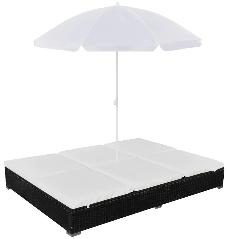 vidaXL Espreguiçadeira de exterior com guarda-sol vime PE preto