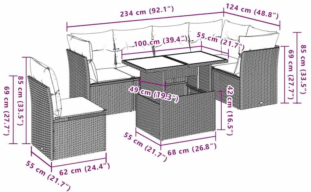 6 pcs conjunto sofás de jardim c/ almofadões vime PE preto