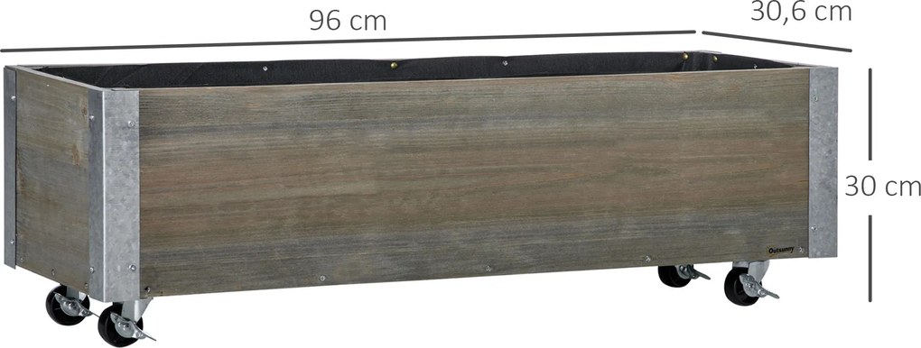 Floreira Exterior com Rodas com Tecido não Tecido Floreira com Sistema de Drenagem 96x30,6x30 cm Madeira Acinzentada
