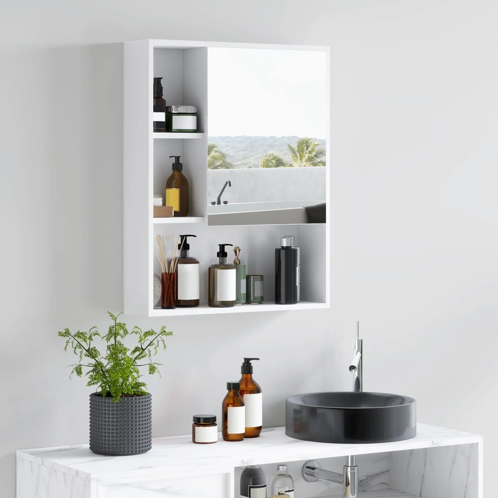 Armário de parede para casa de banho com espelho 60 x 15 x 76 cm, móvel de casa de banho, 5 compartimentos e prateleira ajustável, branco