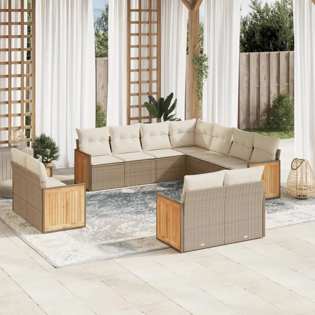 11 pcs conjunto sofás de jardim c/ almofadões vime PE bege