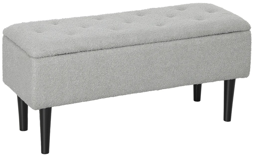 Banco de Armazenamento em Borrego Capacidade 47L Tampa Abatível e Pés de Madeira de Borracha Carga 120 kg 95x38x45 cm Cinza