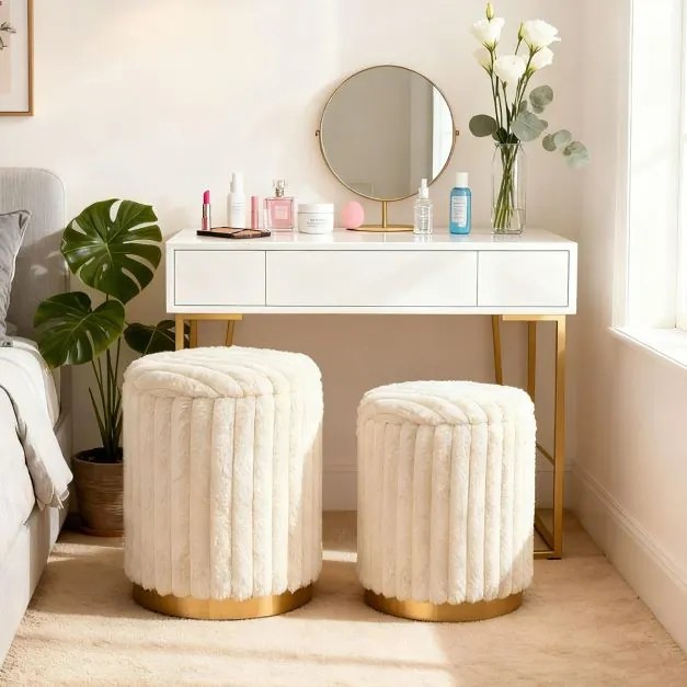 Conjunto de 2 pufe modernos 32 L + 21 L Pufes redondos estofados em pele de coelho com tampas removíveis e espaço bege