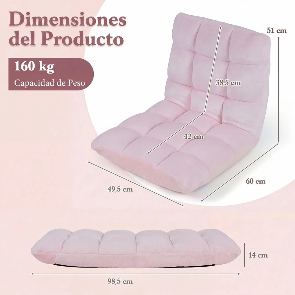 Sofá de chão dobrável 60 x 49,5 x 51 cm com encosto de 14 posições e enchimento de espuma macia para meditação, leitura e yoga Rosa Claro