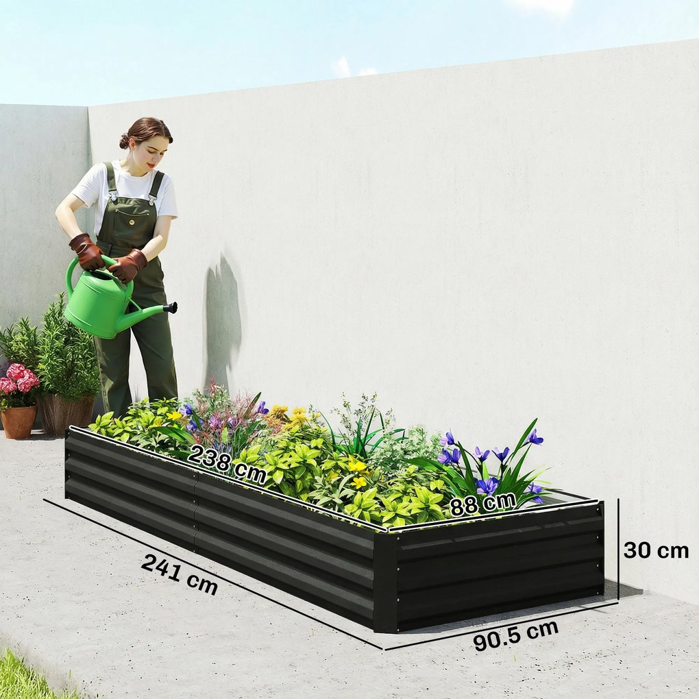 Floreira de Jardim Retangular, 241 x 90,5 x 30 cm, Chapa de Aço Ondulada, Preta