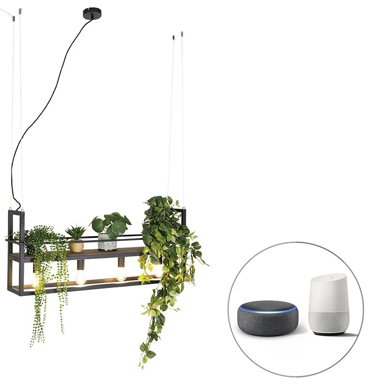 LED Candeeiro de suspensão inteligente preto com madeira e prateleira 4 luzes incl. Wifi A60 - Cage Rack Industrial
