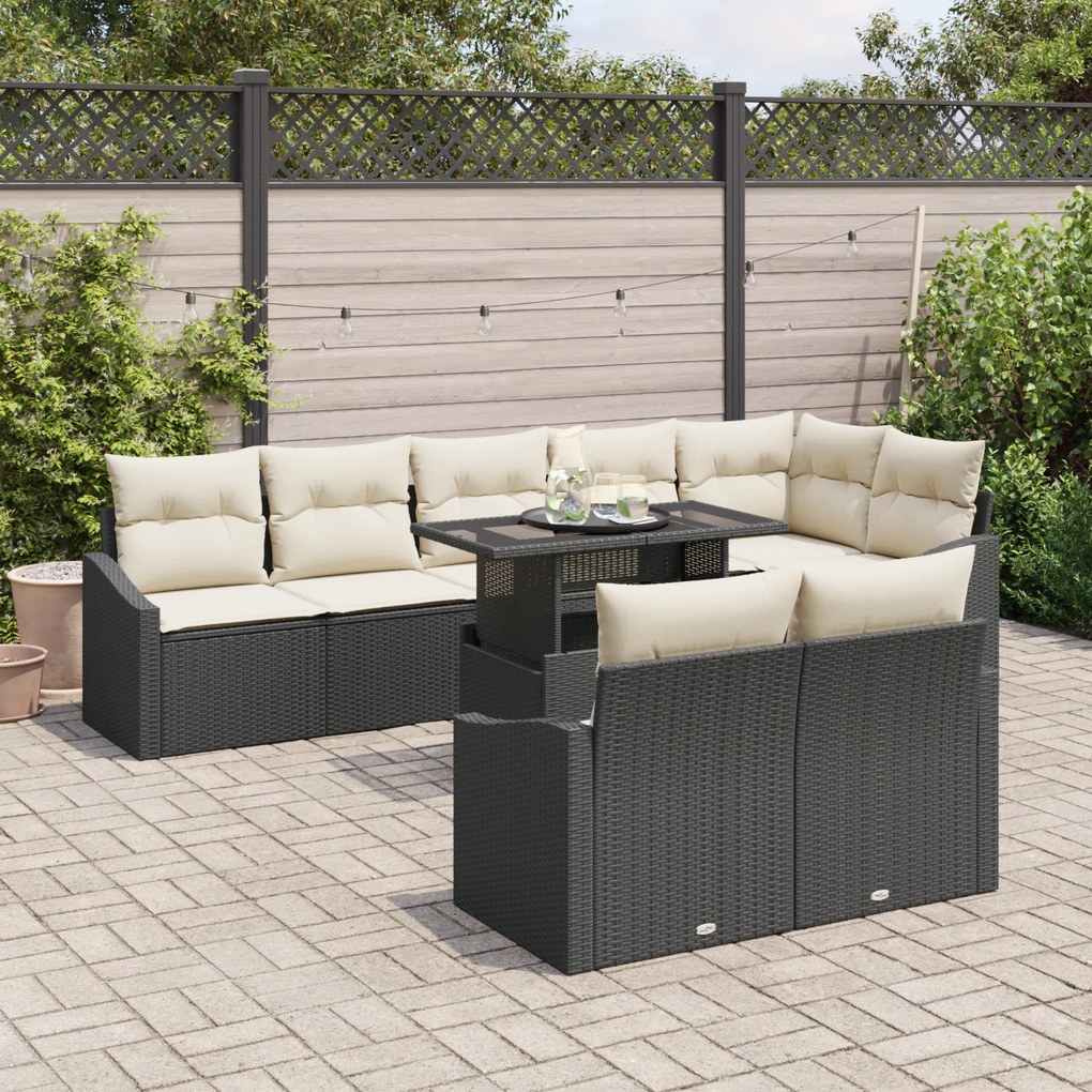 Conjunto de Sofá de Jardim com 9 Peças e Almofadas Preto em Rattan
