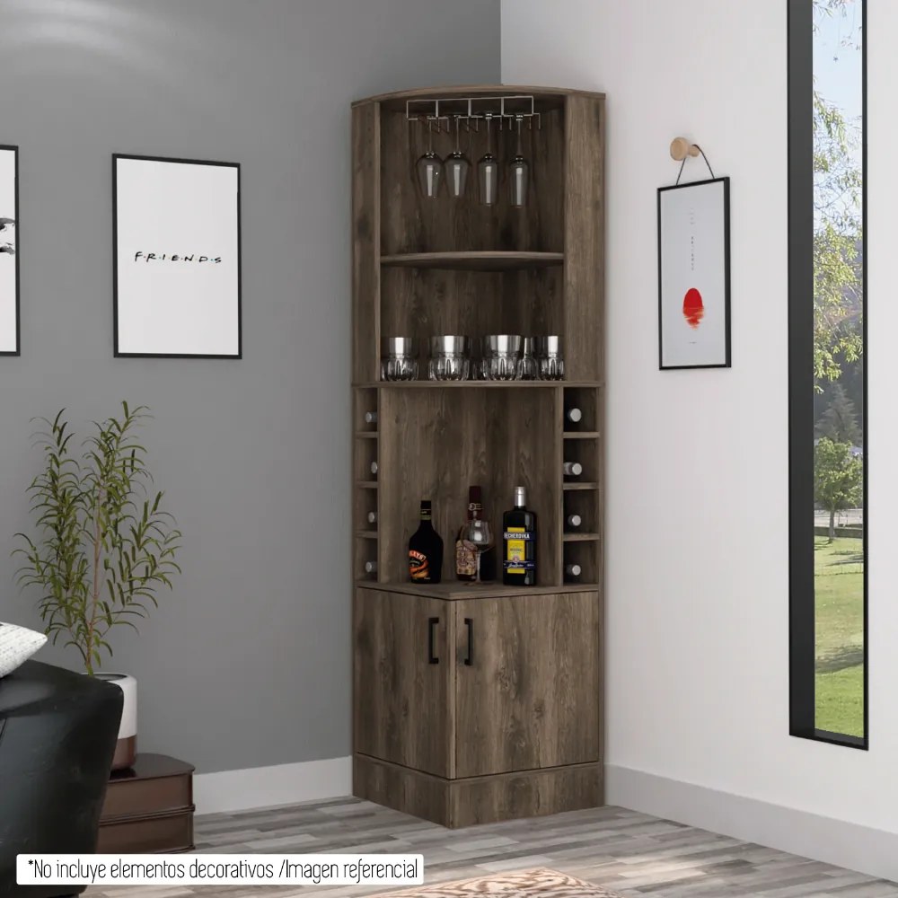 Móvel de bar garrafeira de Canto Andorra com suporte de Copos, a 180,6 cm a x 46,9 cm e x 46,9 cm p, cor noz