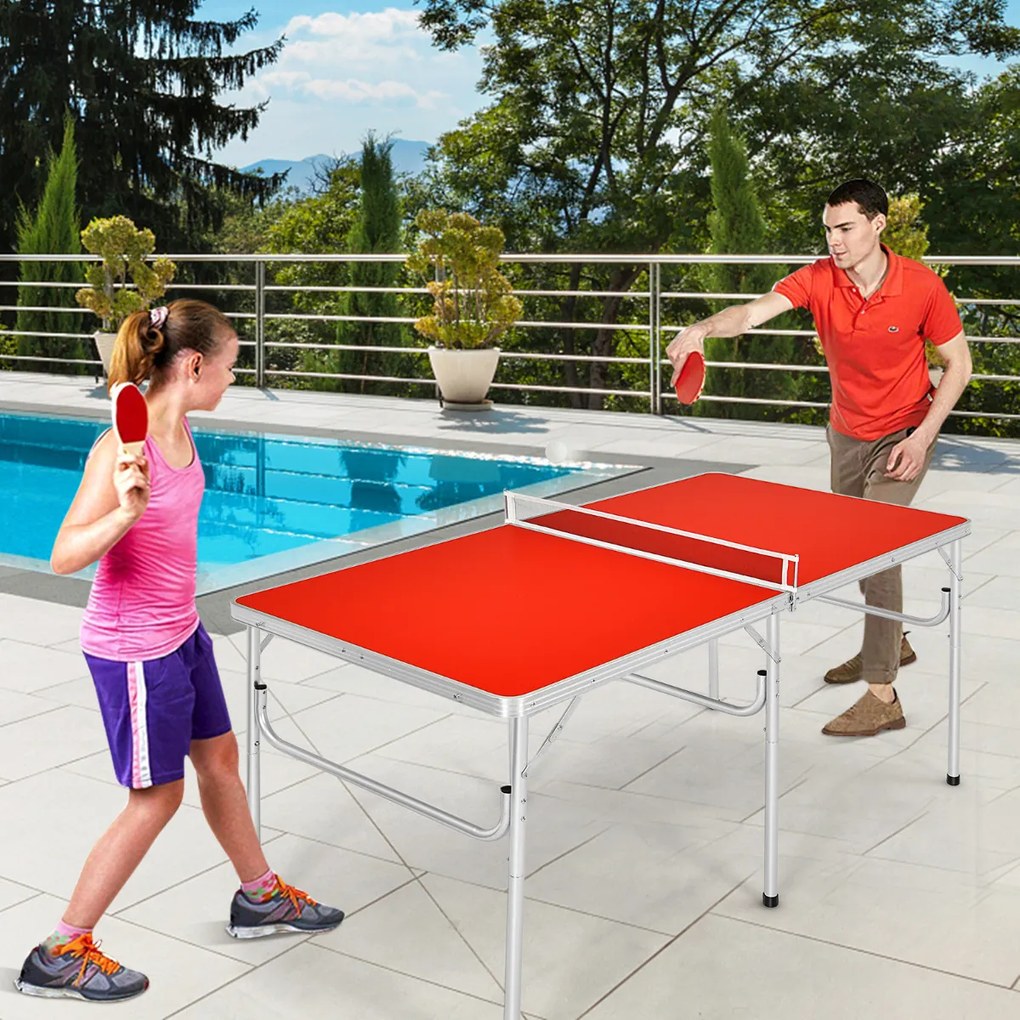 Mesa PingPong Dobrável com Ténis de Rede Dobrável com 2 raquetes 2 bolas 152 x 76 x 76 cm vermelha