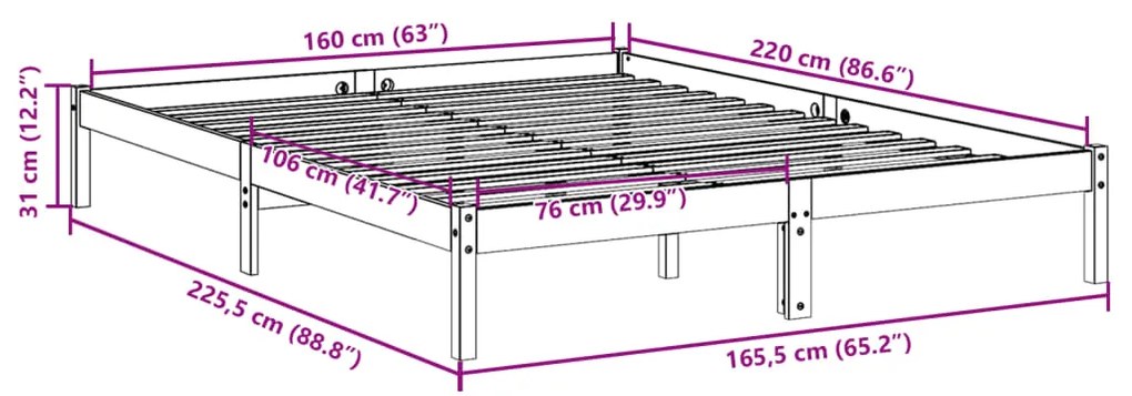 Cama extra longa sem colchão 160x220 cm madeira de pinho maciça