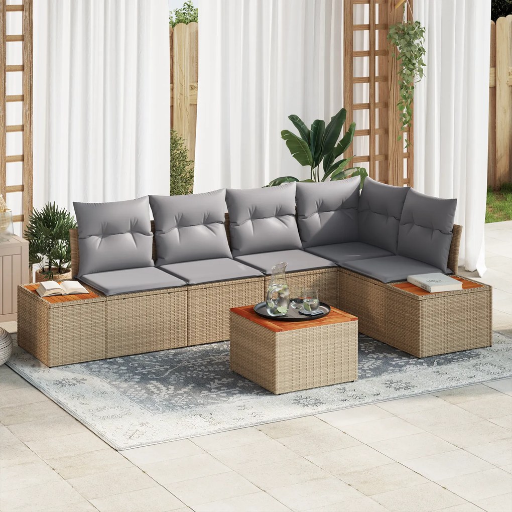 vidaXL Conjunto de Sofá de Jardim 6 Peças com Almofadas Bege Rattan Poliéster