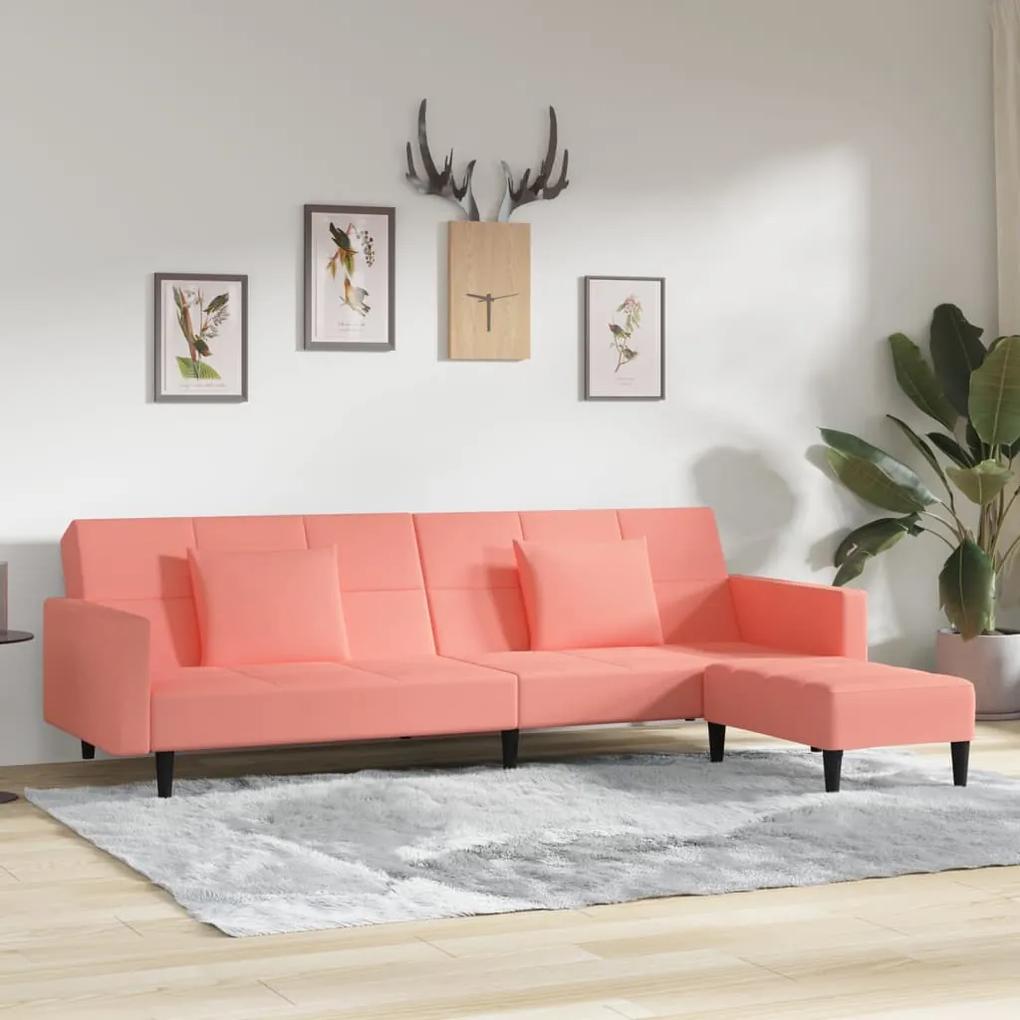 Sofá-cama 2 lug. c/ duas almofadas e apoio de pés veludo rosa