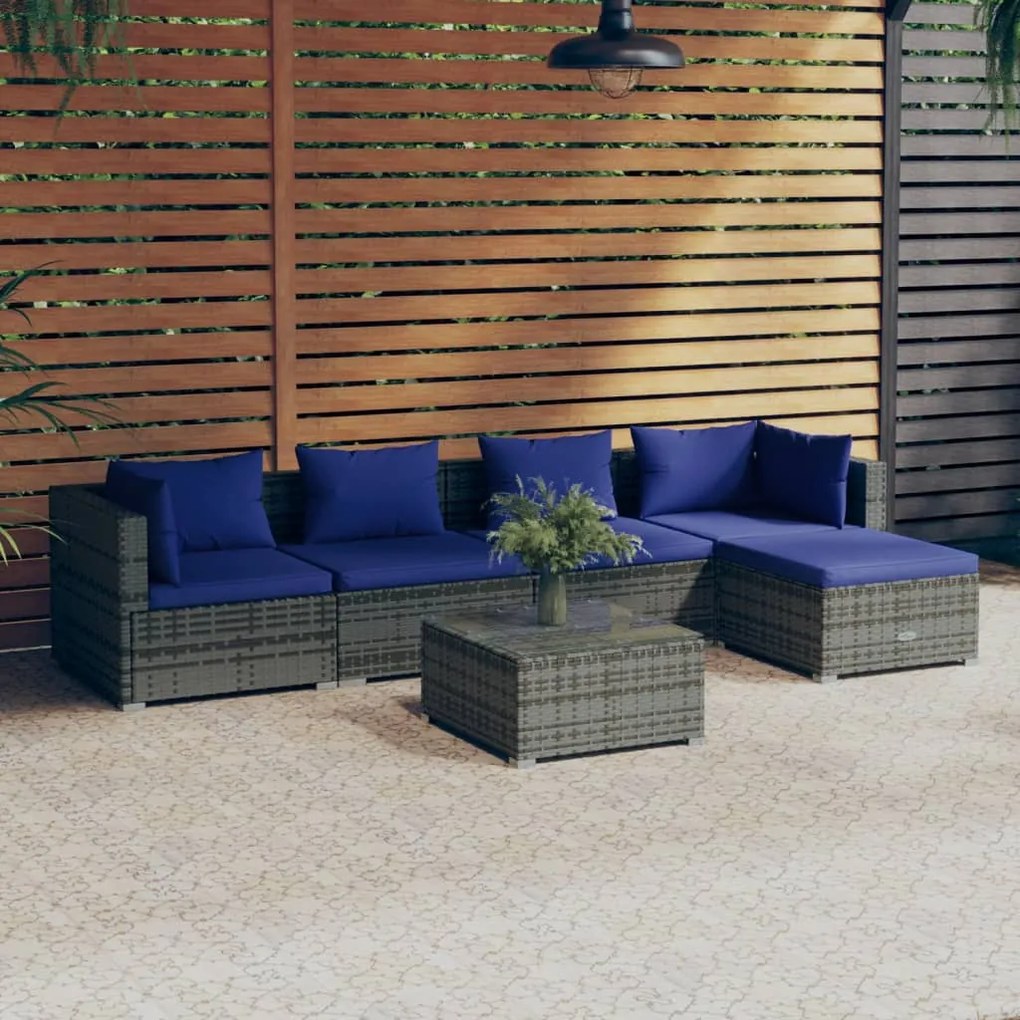 vidaXL 6 pcs conjunto lounge de jardim c/ almofadões vime PE cinzento