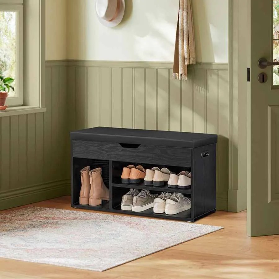 Banco sapateira com 3 compartimentos abertos 30 x 80 x 44 cm preto