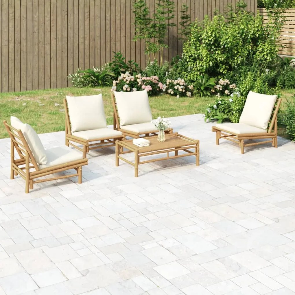 vidaXL 5 pcs conjunto lounge de jardim bambu c/ almofadões branco nata