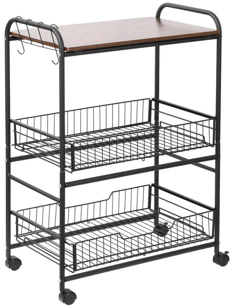 HOMCOM Carrinho de Cozinha 3 Níveis Armazenamento Rodízios 2 Cestos Removíveis Prateleira e Ganchos Laterais 60x38x85,5 cm Nogueira | Aosom Portugal