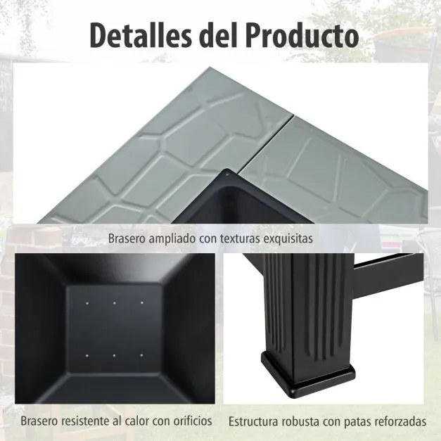 Mesa Braseira de Exterior 81 x 81 x 50 cm de Madeira 3 em 1 com Proteção contra Faíscas Grelha para Lenha Grelha para Churrasco Capa para Chuva Cinza