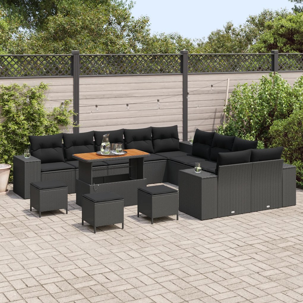 Conjunto de Sofá para o Jardim de 14 Peças com Almofadas Preto Rattan