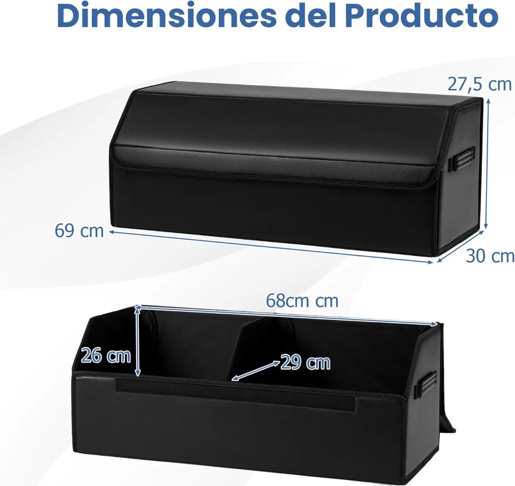 Organizador dobrável para porta-malas Carro 51L com tampa lisa em couro 30 x 69 x 27,5 cm e divisória ajustável Grande capacidade Preto