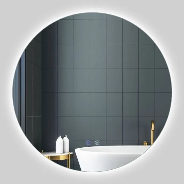 Espelho redondo LED de 70 cm com luz; espelho de casa de banho para montagem na parede com intensidade de luz ajustável e controlo tátil