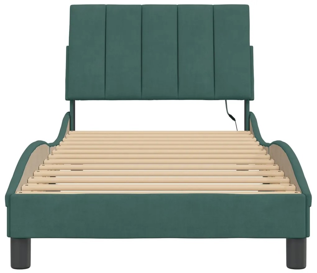 Estrutura de cama c/ luzes LED 90x190 cm veludo verde-escuro