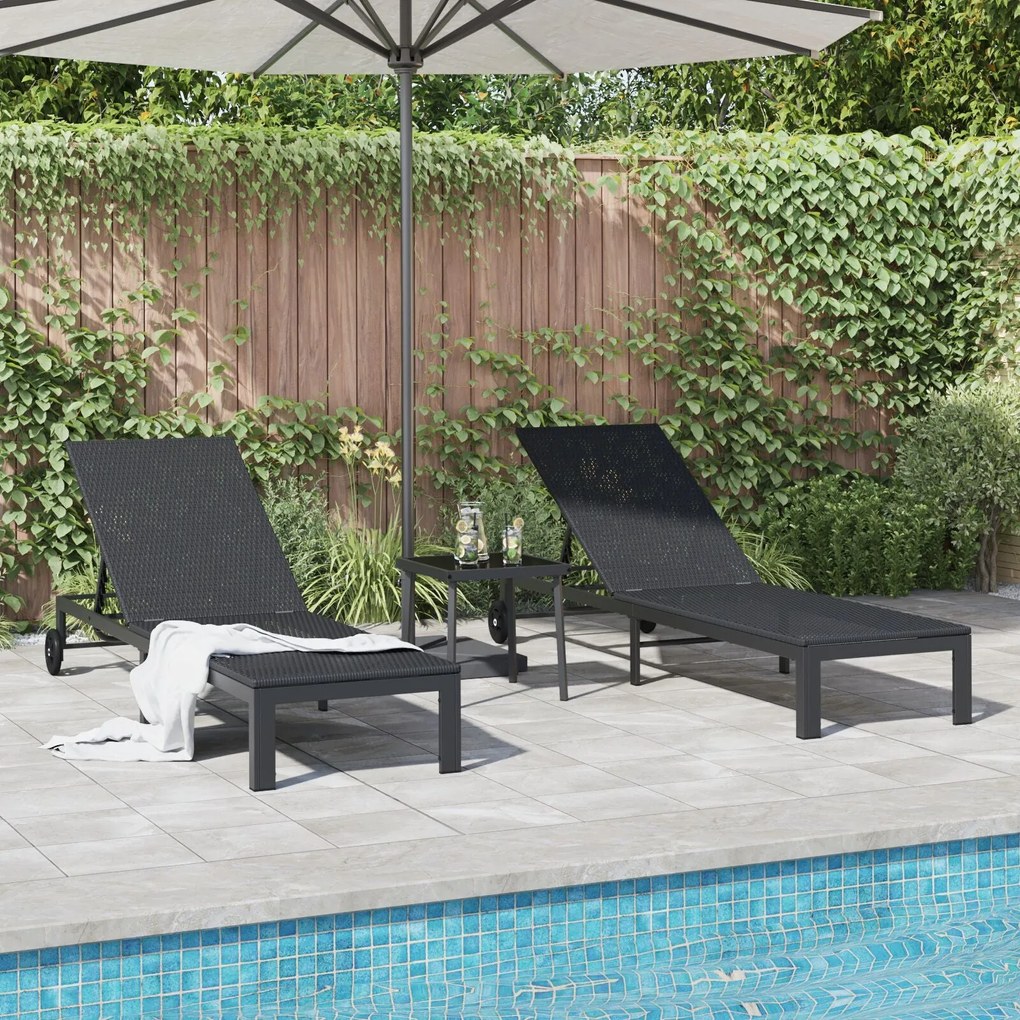 Espreguiçadeiras 2 pcs com Rodas e Mesa em Rattan Preto
