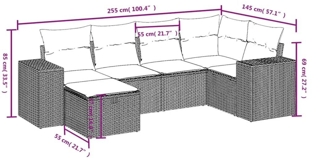 6 pcs conjunto sofás de jardim c/ almofadões vime PE preto