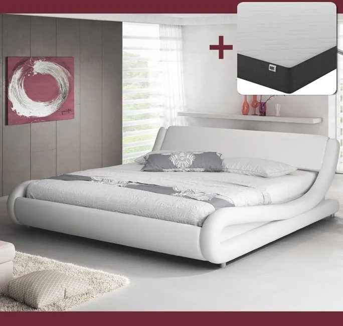 Cama "Lorenzo" - 160x200 cm - Branco - Polipele PU - Somier Incluído -