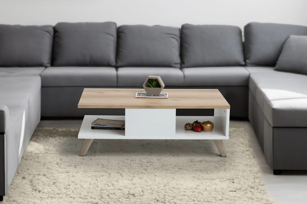 Mesa de Centro SUMER – Carvalho e Branco – 90x35,6x54 cm