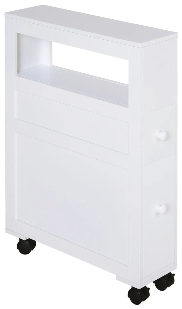 HOMCOM Armário Casa de Banho Armário WC para Espaços Reduzidos com 4 Rodas Prateleira Aberta e Gavetas 16x52x71,5 cm Branco | Aosom Portugal