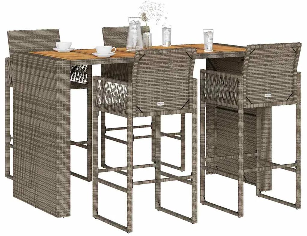 5 pcs conj. bar jardim sem almofadões vime PE/acácia cinzento