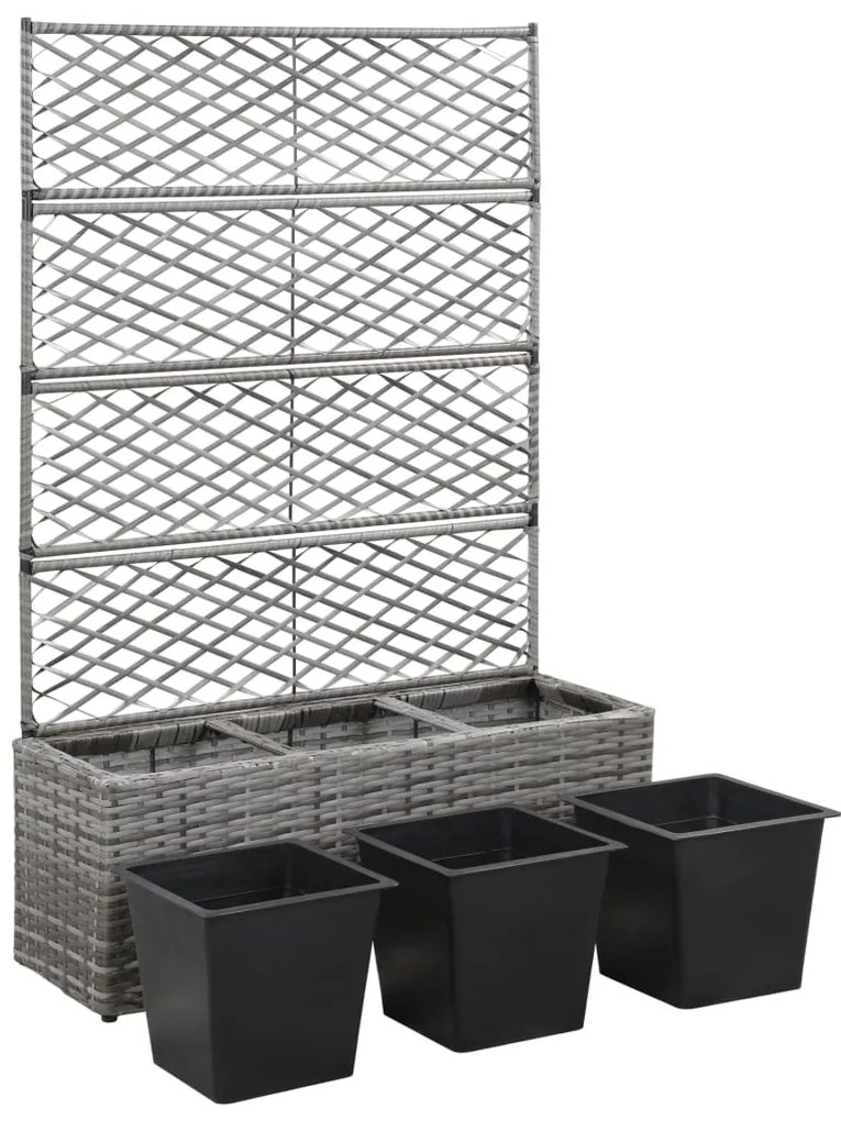 Floreira com treliça e 3 vasos 83x30x130 cm vime PE cinzento