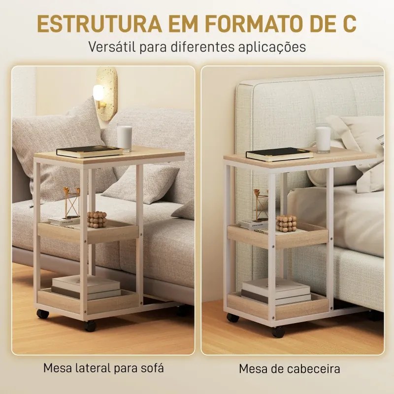 Mesa Auxiliar em Forma de C com Rodas Prateleiras Abertas e Estrutura em Aço para Sala ou Quarto 51x33x66 cm Madeira e Branco