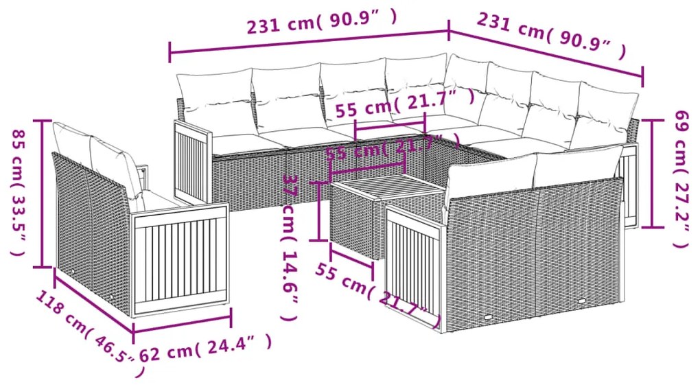 12 pcs conjunto de sofás p/ jardim com almofadões vime PE bege