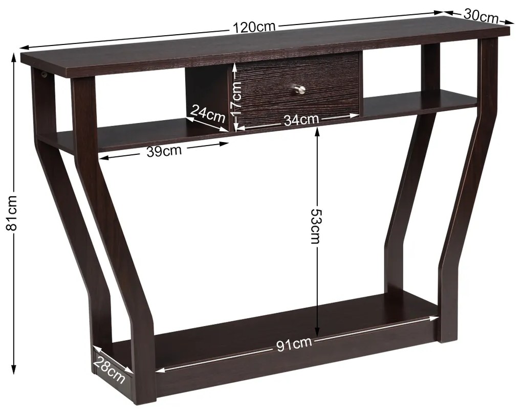 Mesa Consola com Gaveta e Prateleira Mesa Moderna com 3 Prateleiras para Hall, Corredor Sala Quarto 120 x 30 x 81 cm Castanho