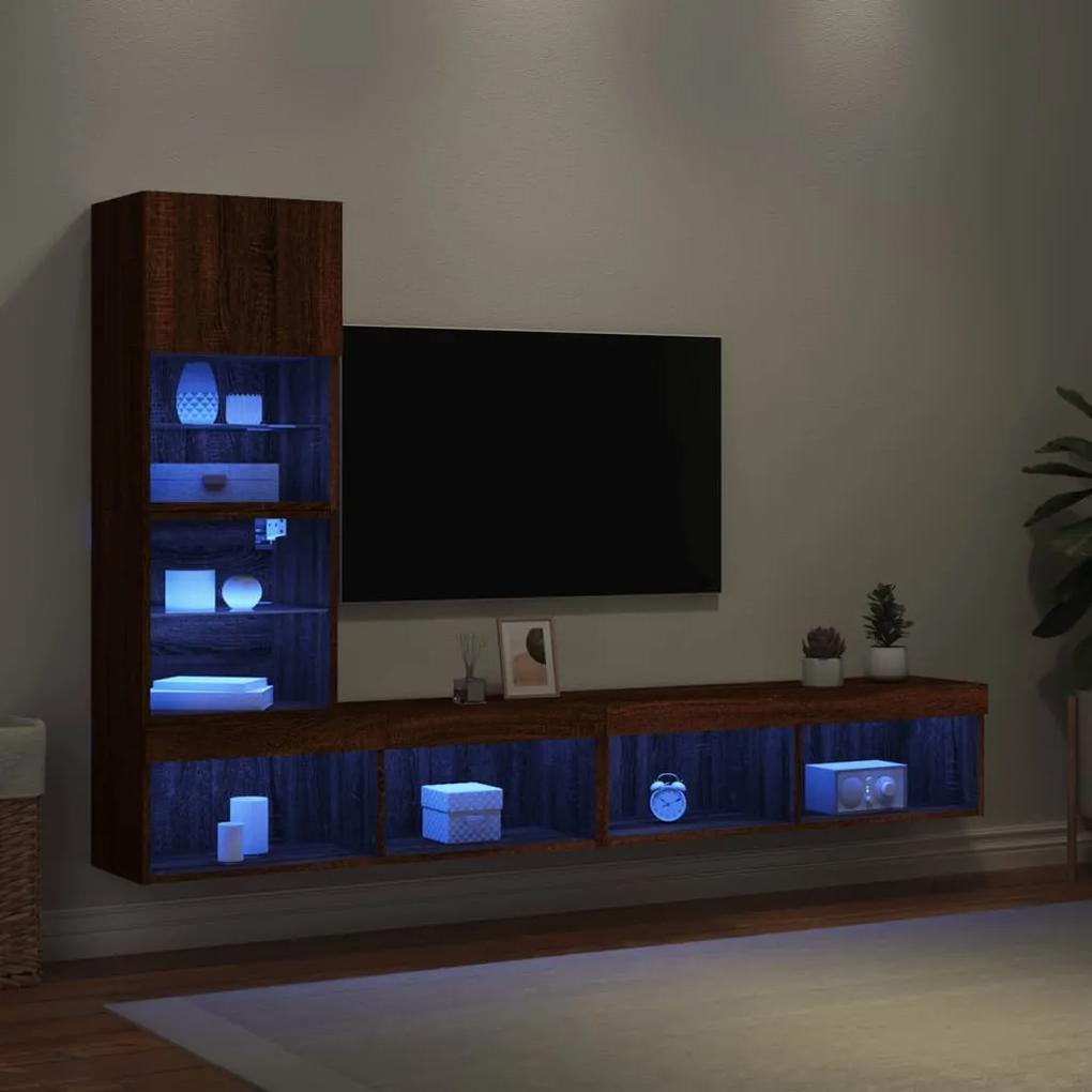 4 pcs móveis parede TV c/ LEDs deriv. madeira carvalho castanho