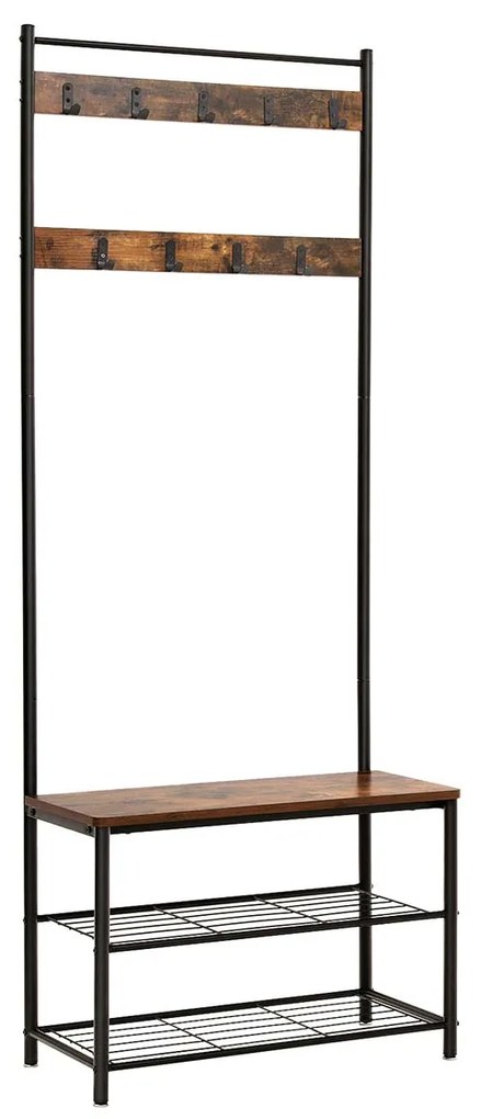 Cabideiro VASAGLE, cabideiro com banco para sapatos, cabideiro com sapateira, design 3 em 1, estrutura de aço, para corredor, entrada, 32 x 70 x 175 cm, industrial, marrom rústico e preto HSR41BX