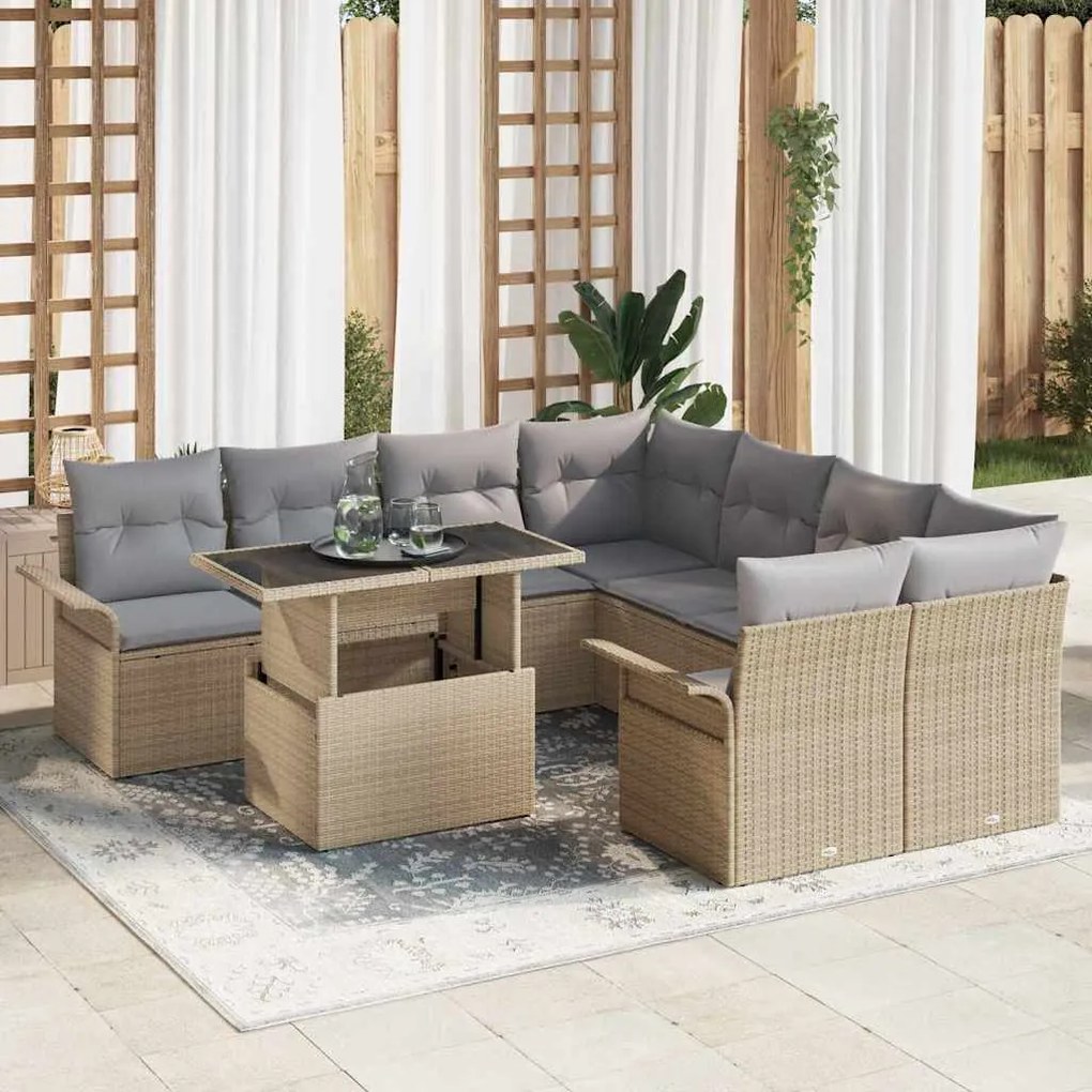 vidaXL Conjunto de Sofá de Jardim 9 Peças com Almofadas Bege em Rattan Sintético