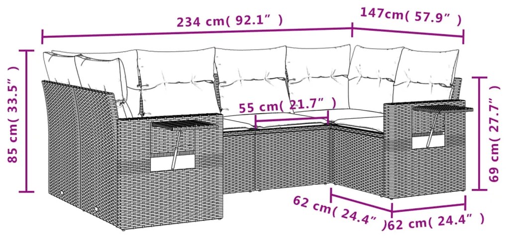 6 pcs conjunto de sofás p/ jardim com almofadões vime PE bege