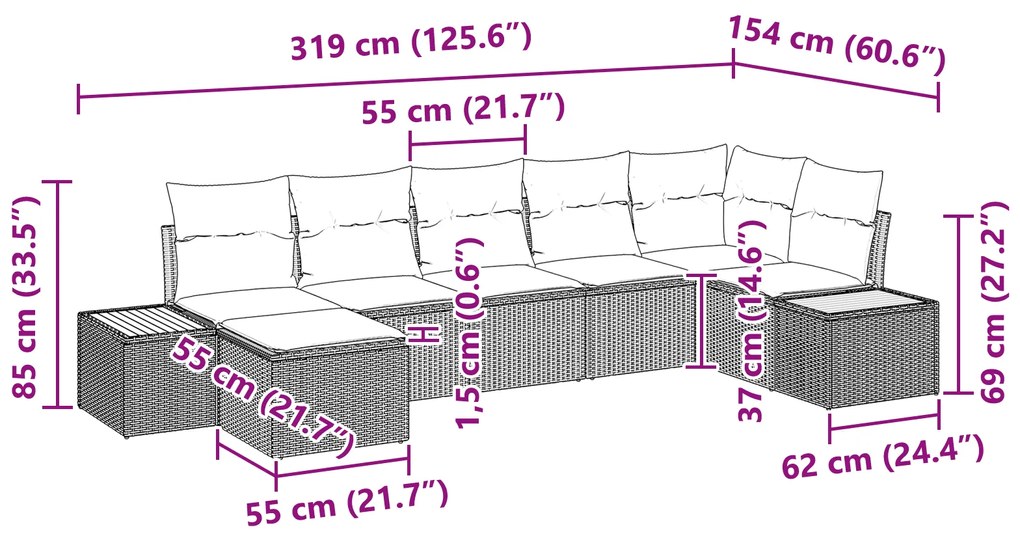 Conjunto de Sofá de Jardim com Almofadas Pretas em Rattan Polipropilen