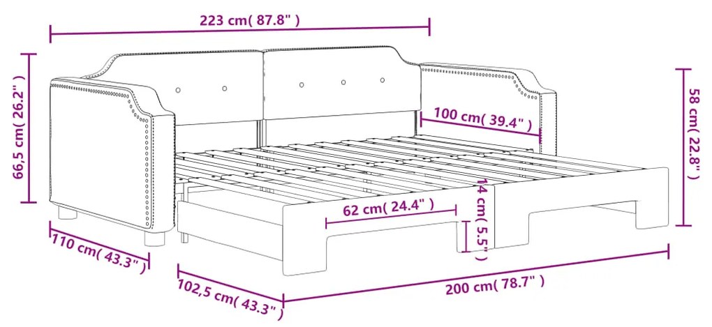 Sofá-cama com gavetão 100x200 cm tecido cinzento-escuro