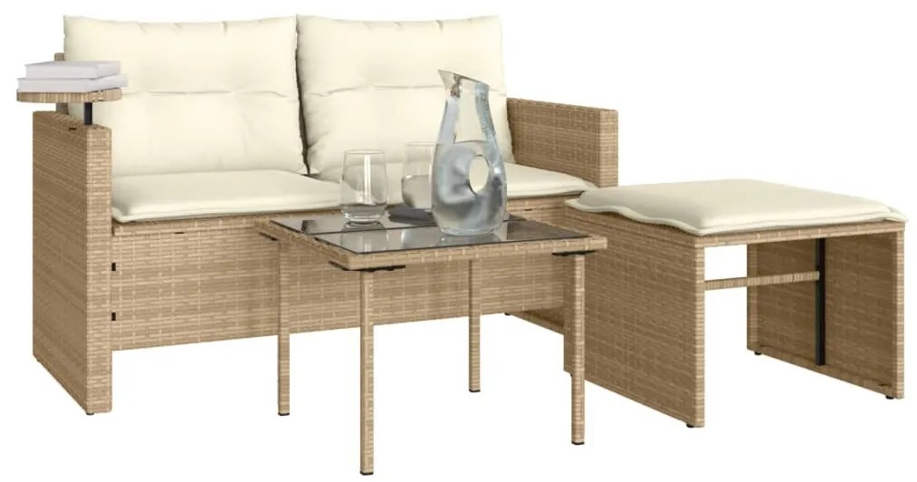 3 pcs conjunto de sofás p/ jardim com almofadões vime PE bege