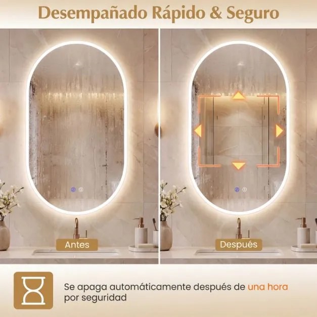 Espelho Casa de Banho LED oval sem moldura 80x50 cm antiembaciamento regulável vidro temperado prateado